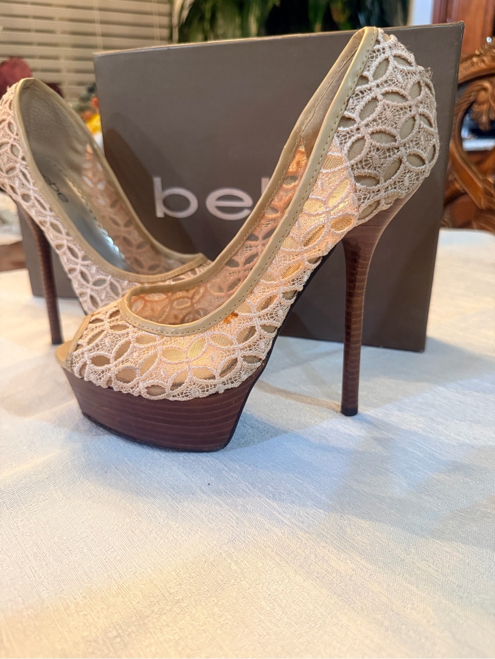 bebe Beige Lace Peep-Toe Platform Pumps